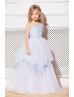 One Shoulder Light Blue Lace Tulle Corset Back Long Flower Girl Dress